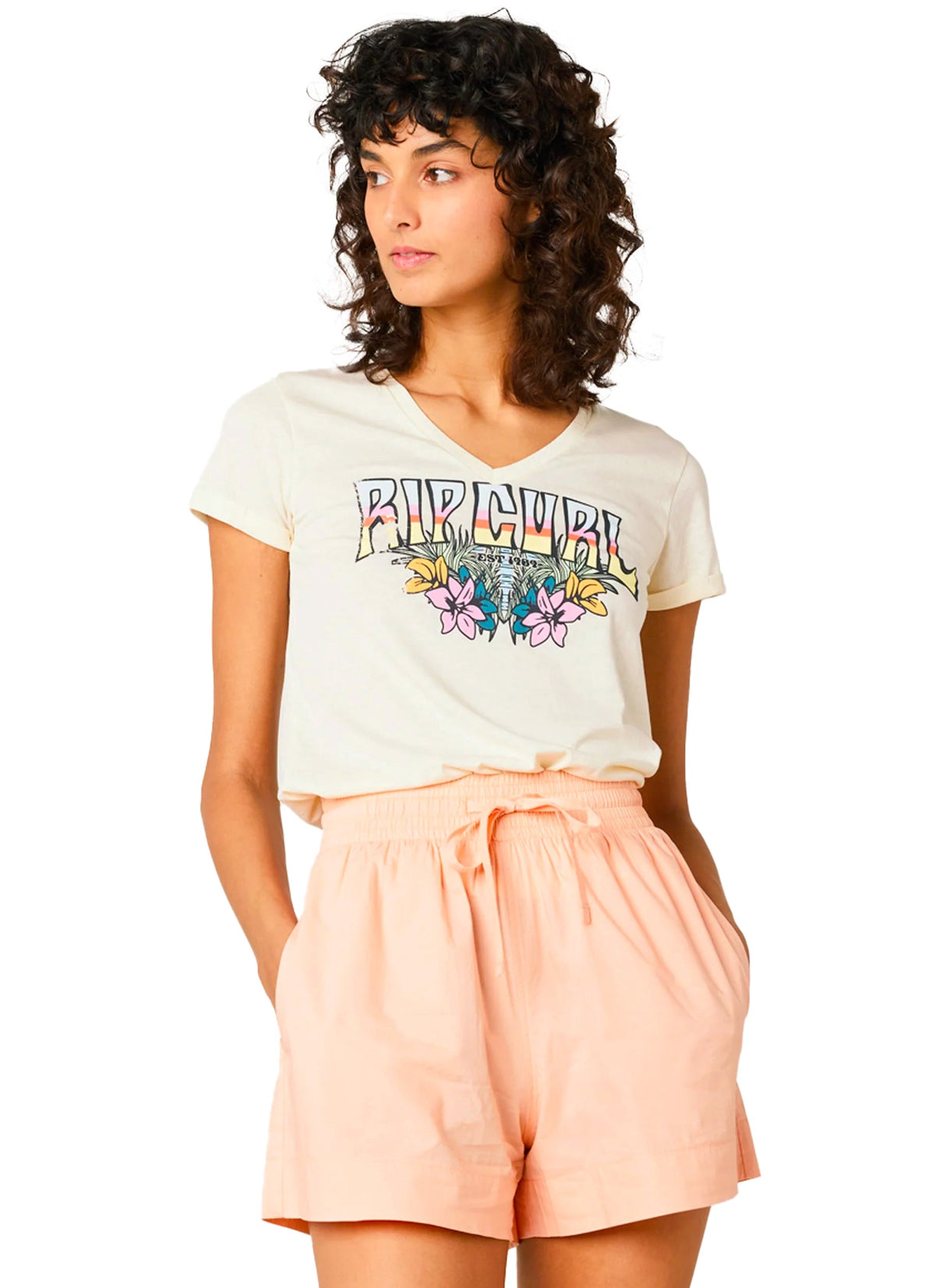 RIP CURL BLOCK PARTY V TEE DONNA OFF WHITE